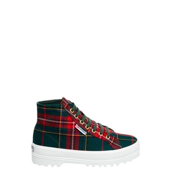 Superga 2431 Suede High top lace up green plaid sneakers - Picture 1 of 11